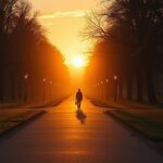 새벽 공원 산책로를 홀로 걷는 사람과 떠오르는 아침 햇살 — 행복의 조건을 상징하는 대표 이미지